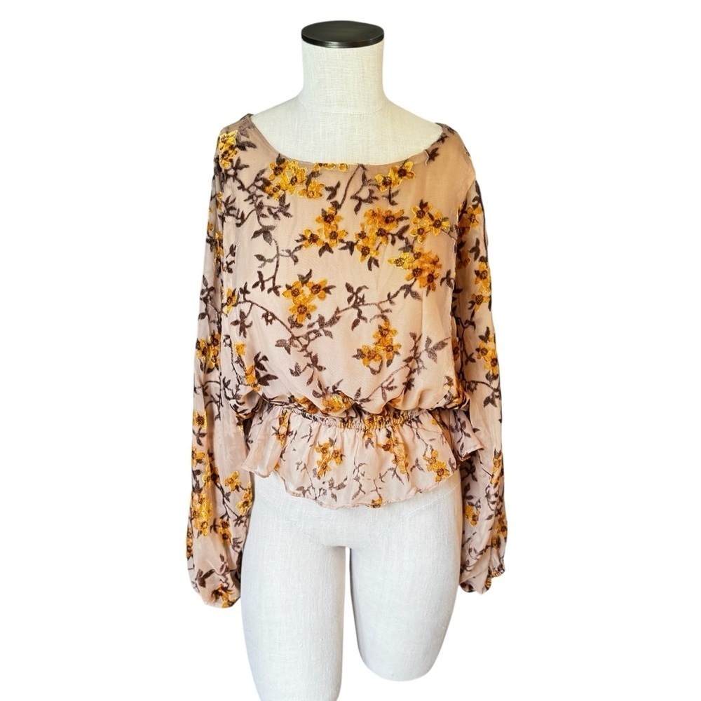 Storia Women’s Lined Tan Velvet Burnout Floral Cinched Waist Peasant Blouse Sz S